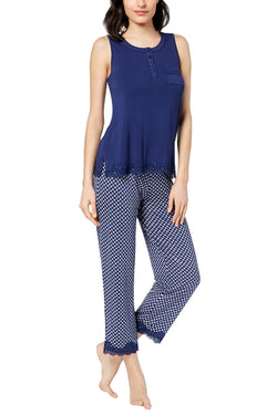 Alfani Intimates Navy Diamond-Printed Lace-Trim Sleep Set thumbnail 1