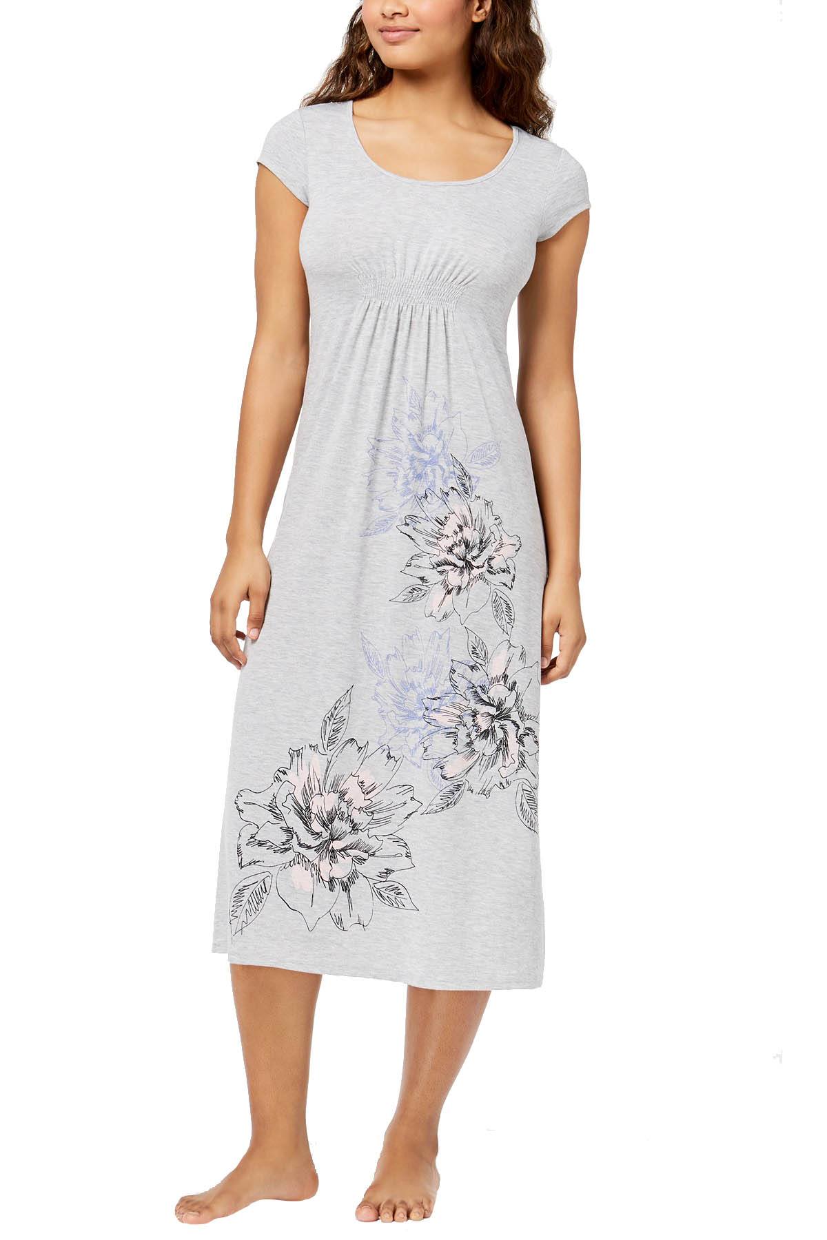 Alfani Intimates Pearl Grey Heather Ruched Waist Floral Nightgown