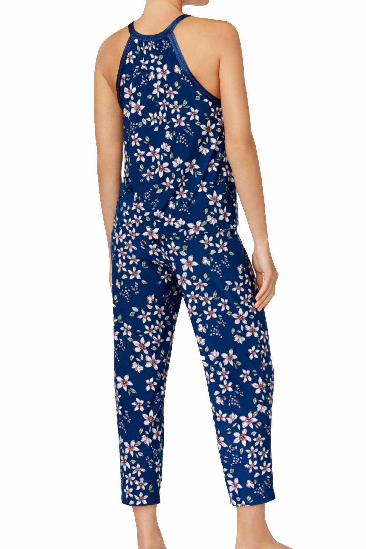 Alfani Intimates Teal Fall-Blossom Satin-Trimmed Printed Pajama 2-Piece Set