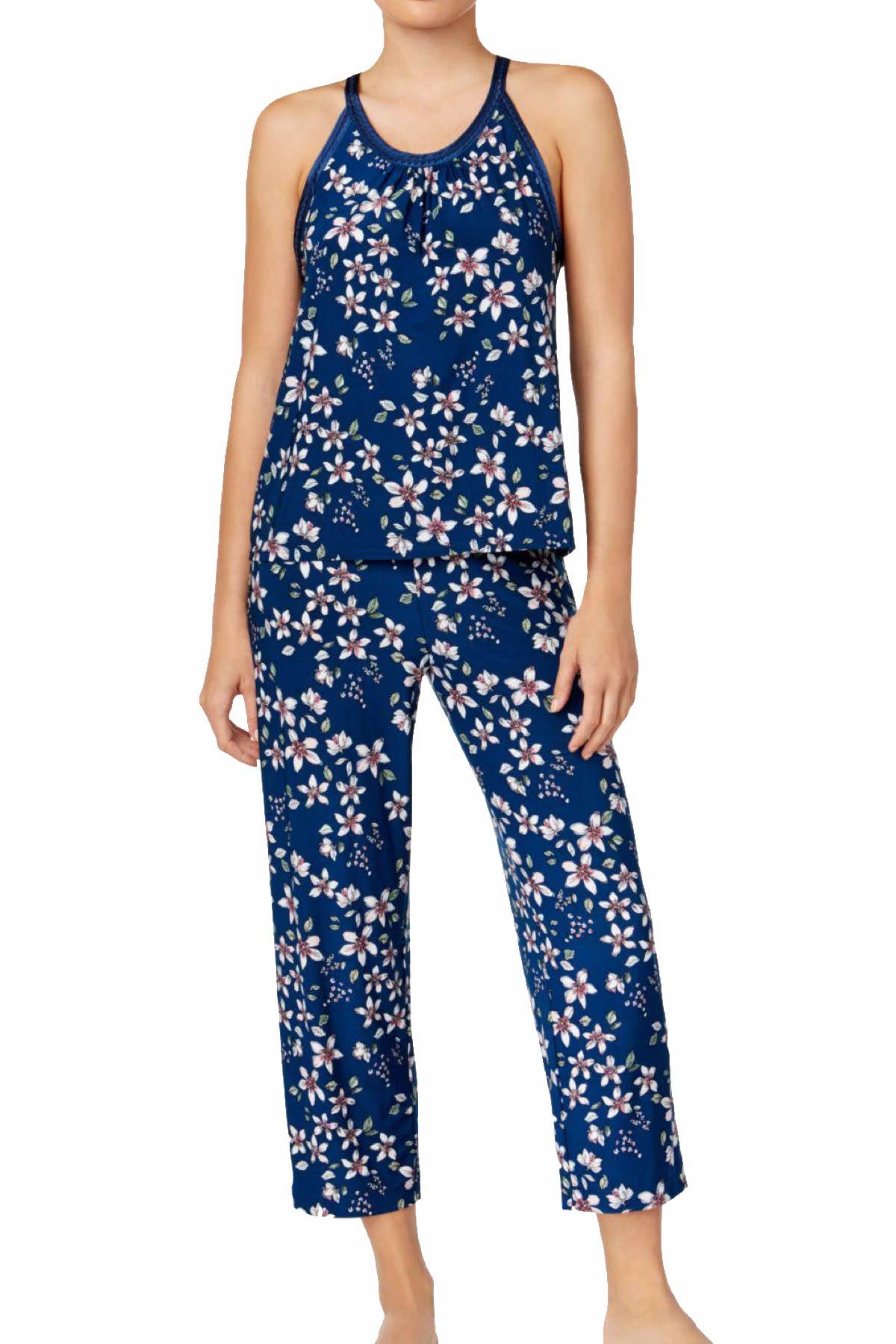 Alfani Intimates Teal Fall-Blossom Satin-Trimmed Printed Pajama 2-Piece Set
