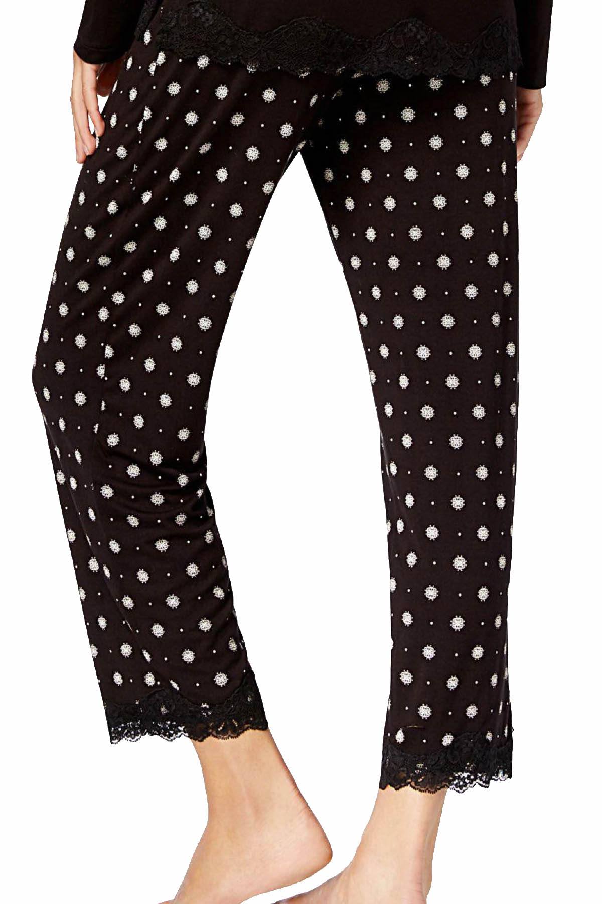 Alfani Lace Trim Printed Pajama Pant in Black Pindot