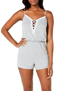 Alfani Lace Up Knit Pajama Romper in Grey Heather thumbnail 1
