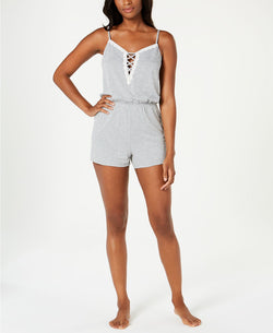 Alfani Lace Up Knit Pajama Romper in Grey Heather thumbnail 2