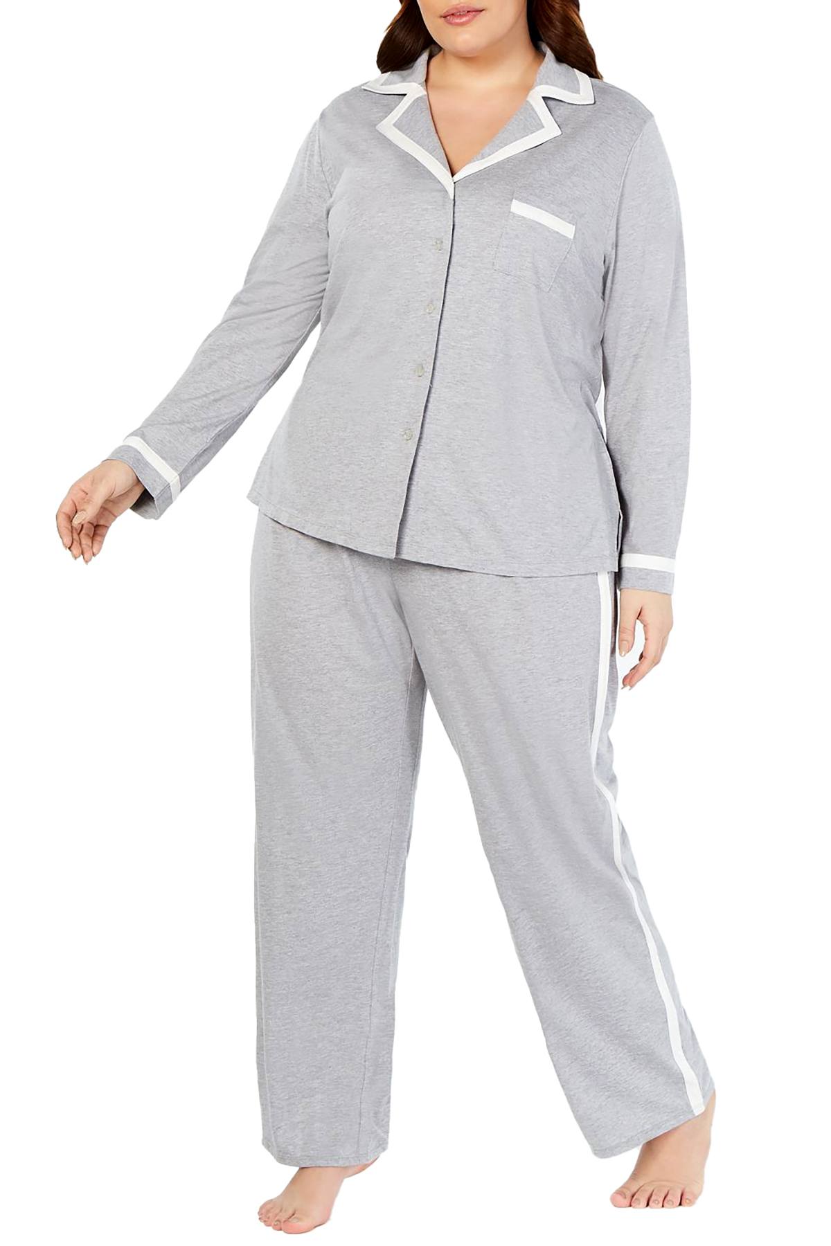 Alfani PLUS Pima Cotton Long Sleeve Top & Pajama Pant Set in Heather Gray