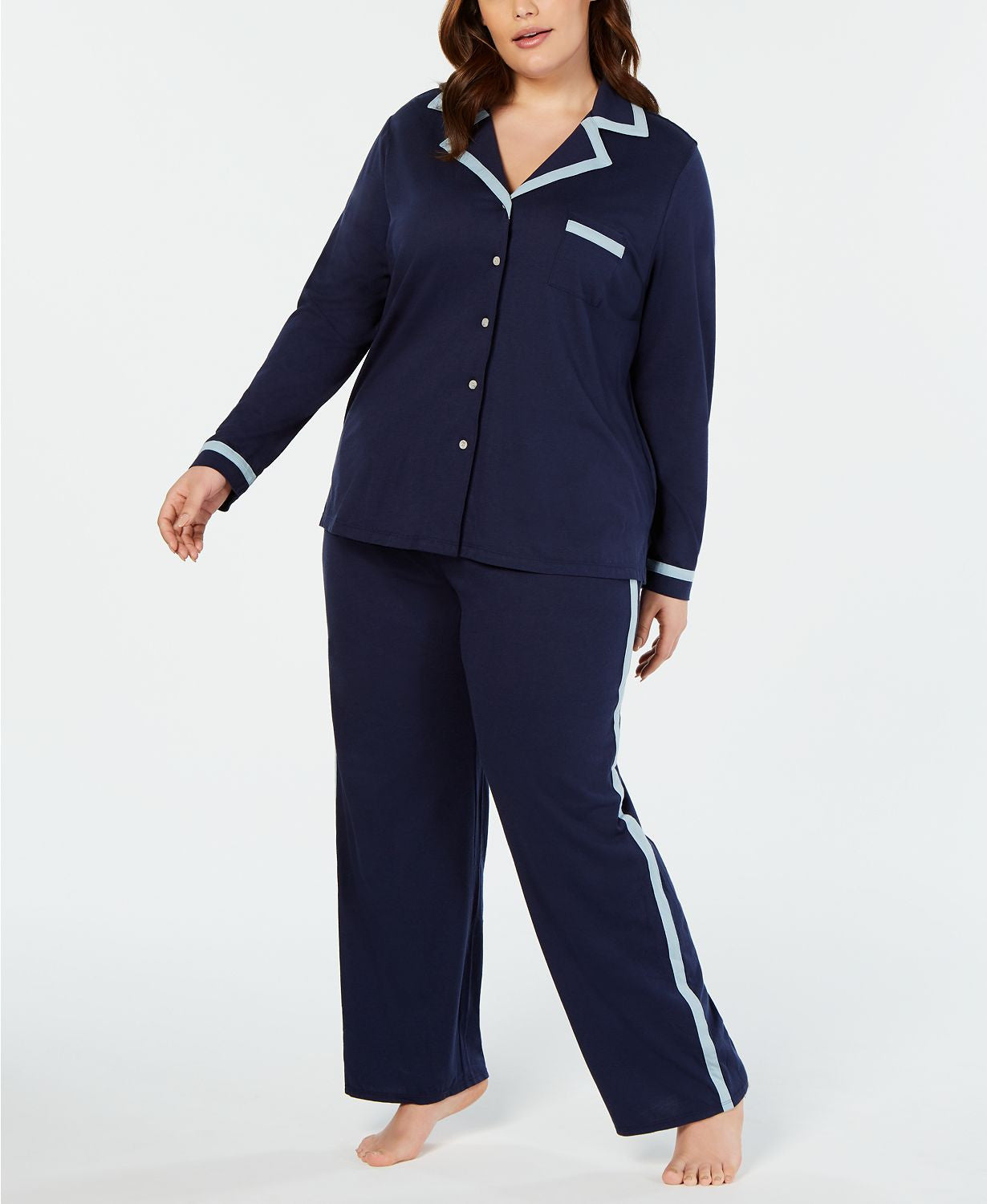 Alfani PLUS Pima Cotton Long Sleeve Top & Pajama Pants Set in Ink Blue