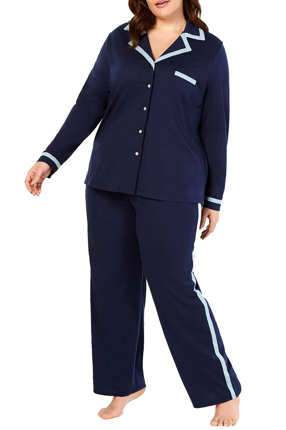 Alfani PLUS Pima Cotton Long Sleeve Top & Pajama Pants Set in Ink Blue