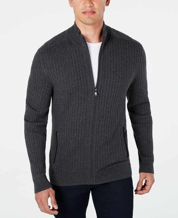 Alfani Ribbed Full-zip Sweater Classic Fit Charcoal Heather