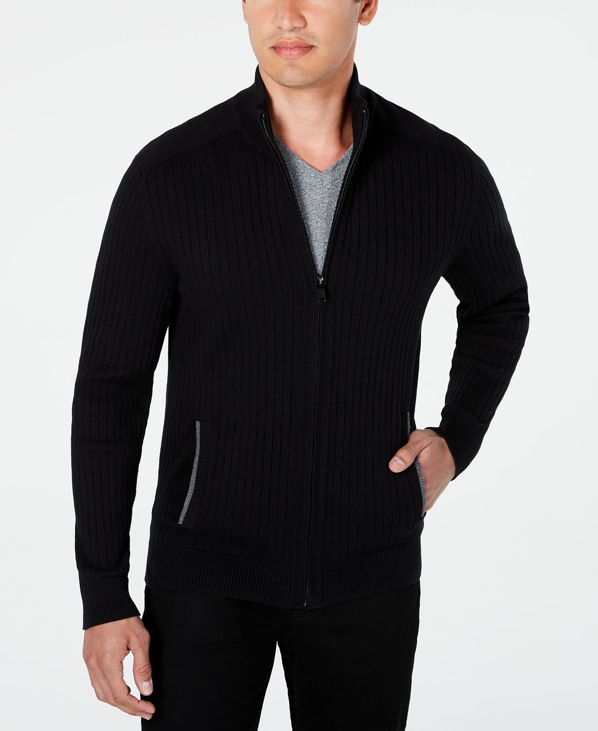 Alfani Ribbed Full-zip Sweater Classic Fit Deep Black