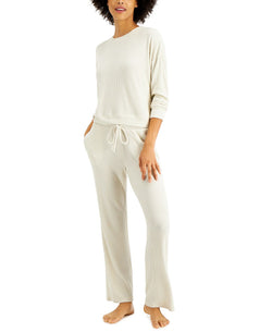 Alfani Ribbed Wide Leg Pajama Set Hthr Grain thumbnail 1
