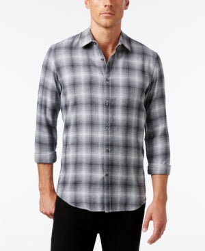 Alfani Slim Fit Plaid Print Button Down Shirt Grey