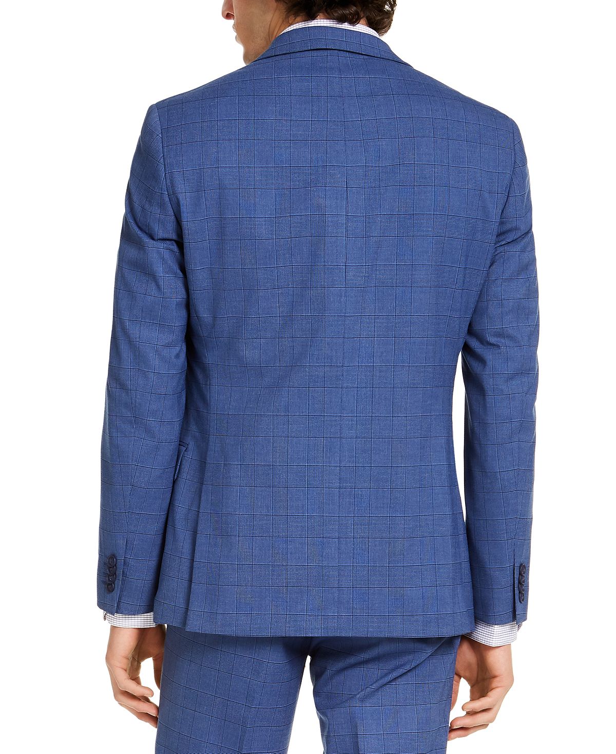 Alfani Slim-fit Stretch Medium Blue Plaid Suit Jacket Blue