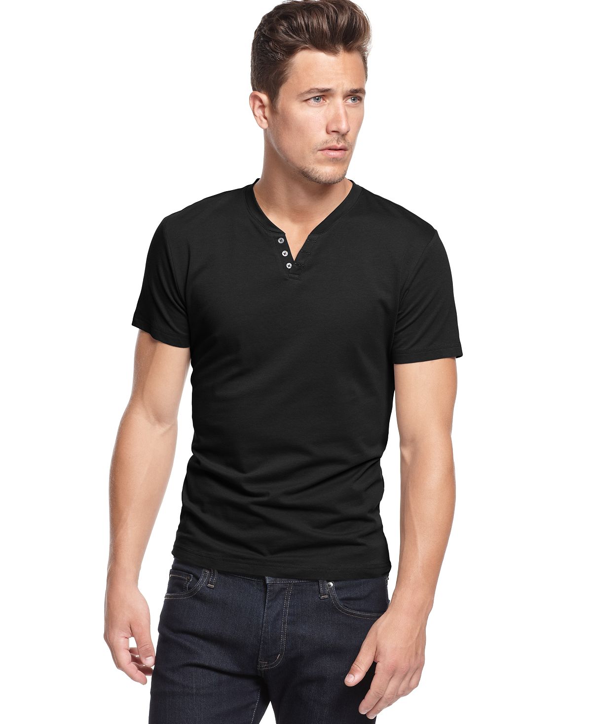 Alfani Stretch Solid Henley T-shirt Deep Black