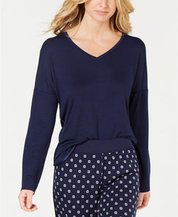 Alfani Ultra Soft Satin Trim Drop Shoulder Pajama Top in Ink Blue thumbnail 2