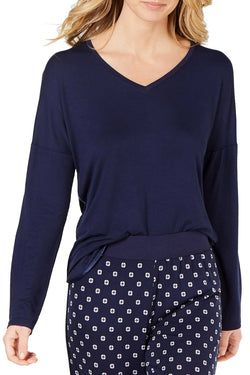 Alfani Ultra Soft Satin Trim Drop Shoulder Pajama Top in Ink Blue thumbnail 1