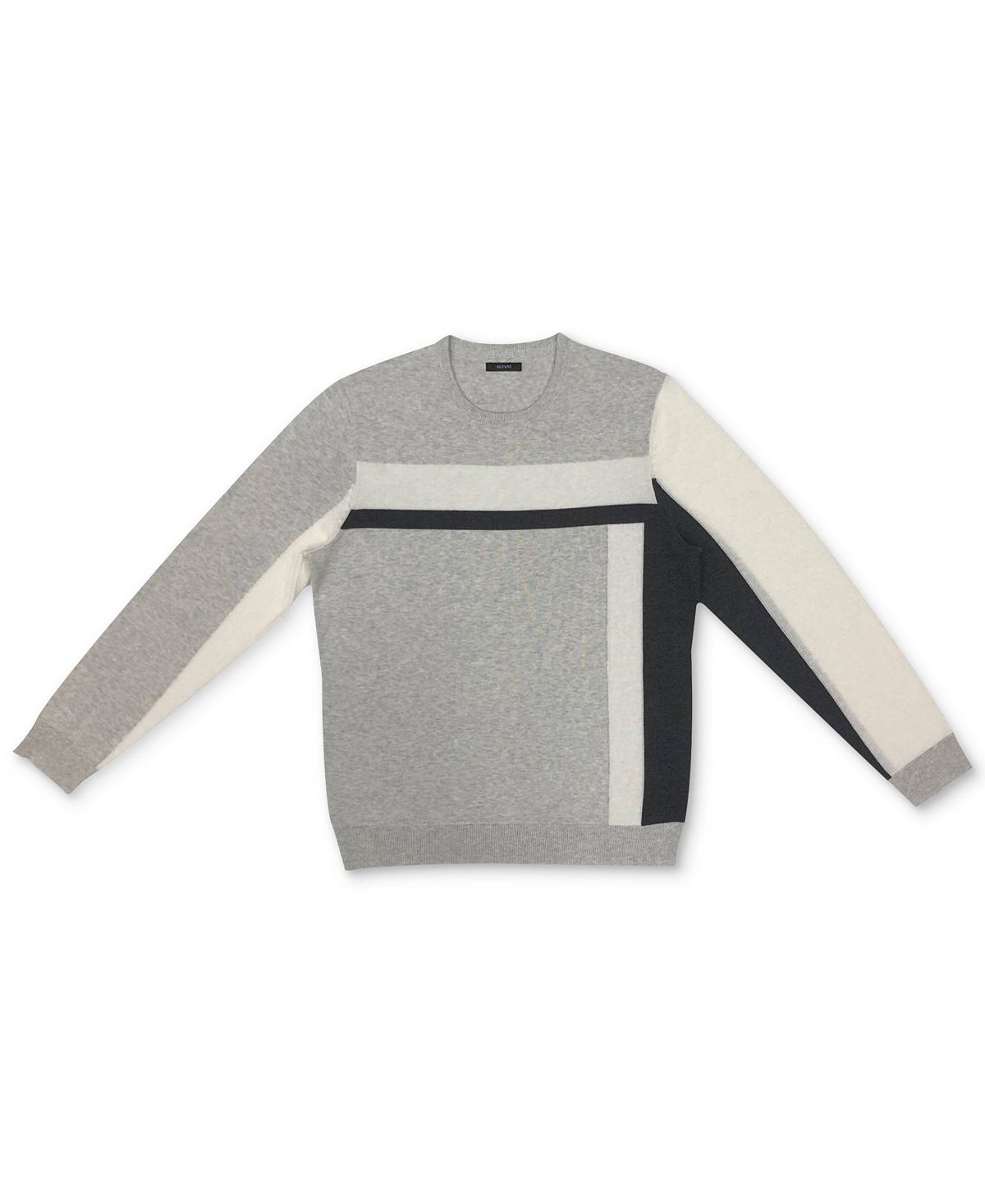 Alfani Vertical Blocked Crewneck Cotton Sweater Grey
