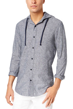 American Rag Basic Navy Textured Linen Hooded Shirt thumbnail 1