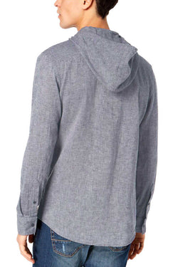 American Rag Basic Navy Textured Linen Hooded Shirt thumbnail 2