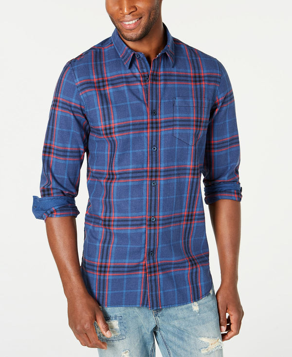 American Rag Contrast Trim Plaid Shirt Blue Heather