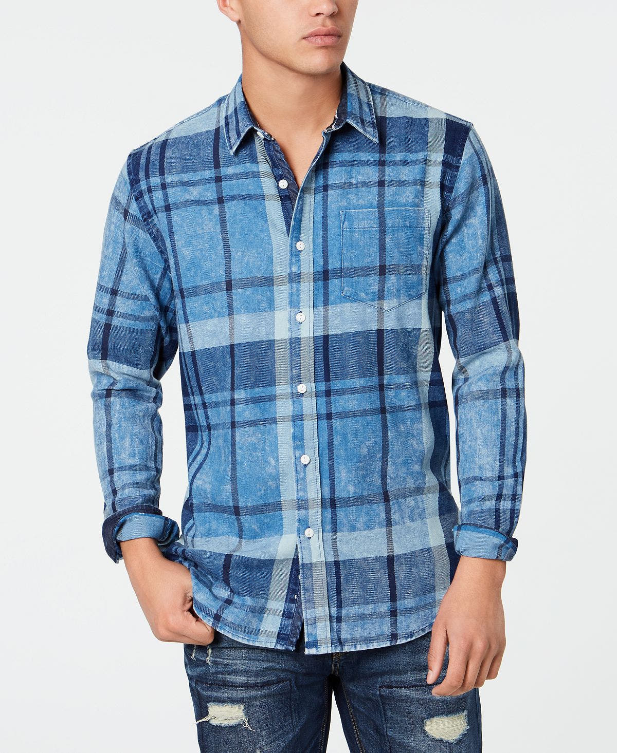 American Rag Moby Plaid Shirt Blue Skies Wash