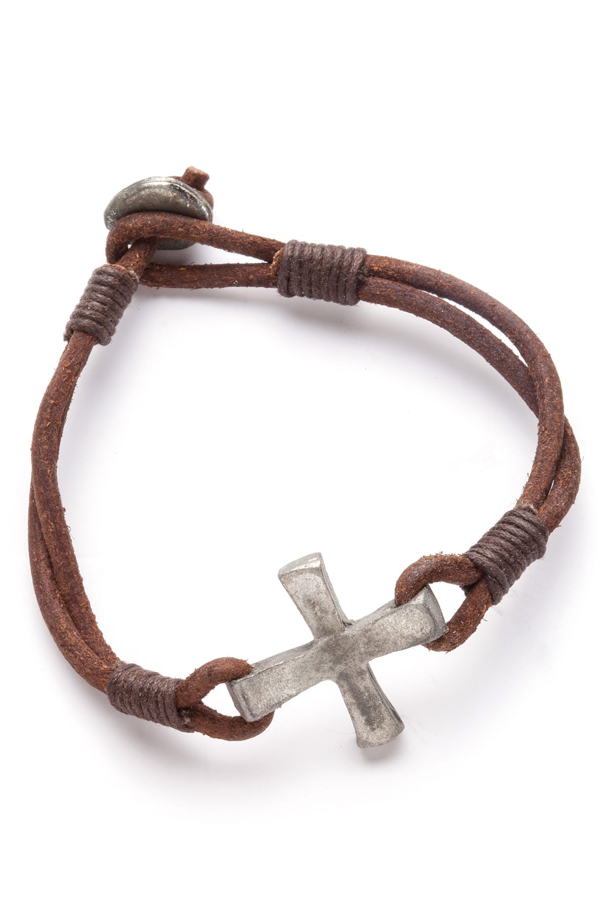 Amigaz Brown Leather & Pewter Cross Bracelet