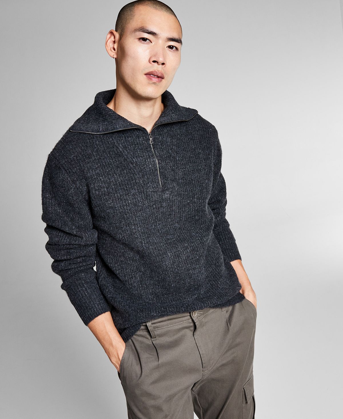 And Now This Chunky Ribbed-knit 1/4-zip Mock Neck Sweater Charcoal ...