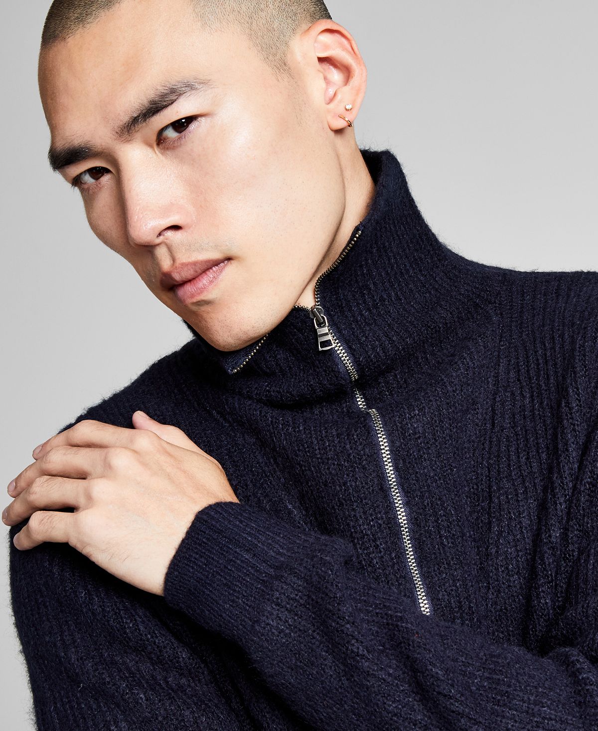 And Now This Chunky Ribbed-knit 1/4-zip Mock Neck Sweater Navy