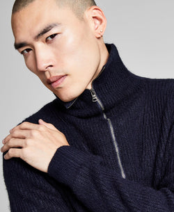 And Now This Chunky Ribbed-knit 1/4-zip Mock Neck Sweater Navy thumbnail 3