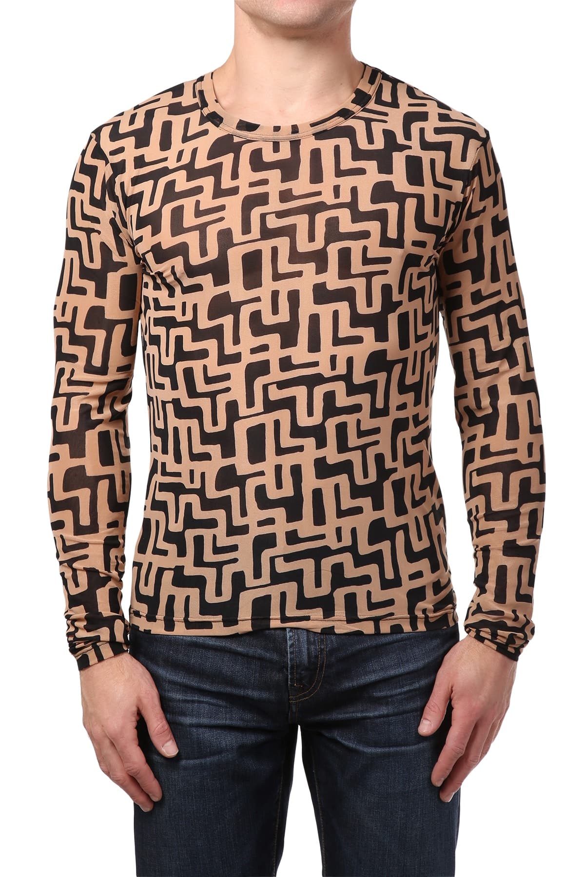 Andres Velasco Black/Tan Sheer Mesh Abstract Tee