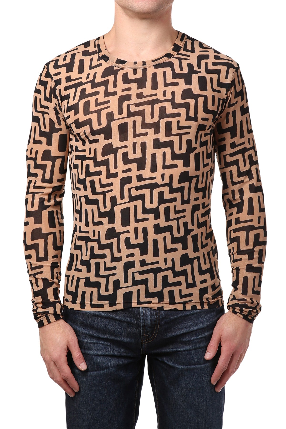 Andres Velasco Black/Tan Sheer Mesh Abstract Tee