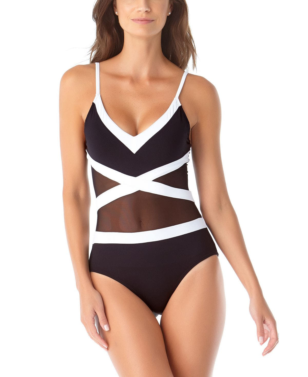 Anne Cole Colorblocked Mesh V-neck One-piece Swimsuit Black/White