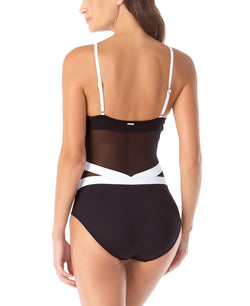 Anne Cole Colorblocked Mesh V-neck One-piece Swimsuit Black/White thumbnail 2