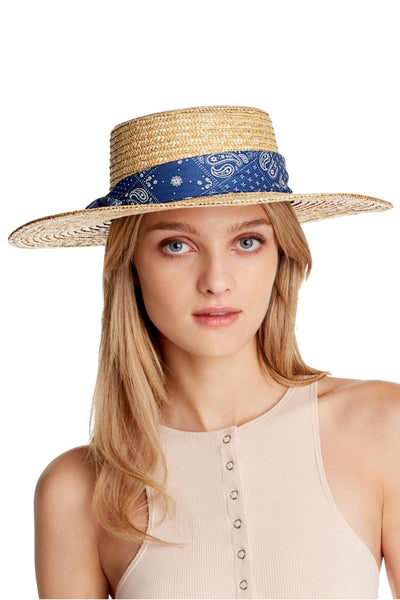 August Hat Co. Blue Paisley Trim Natural Straw Boater Hat