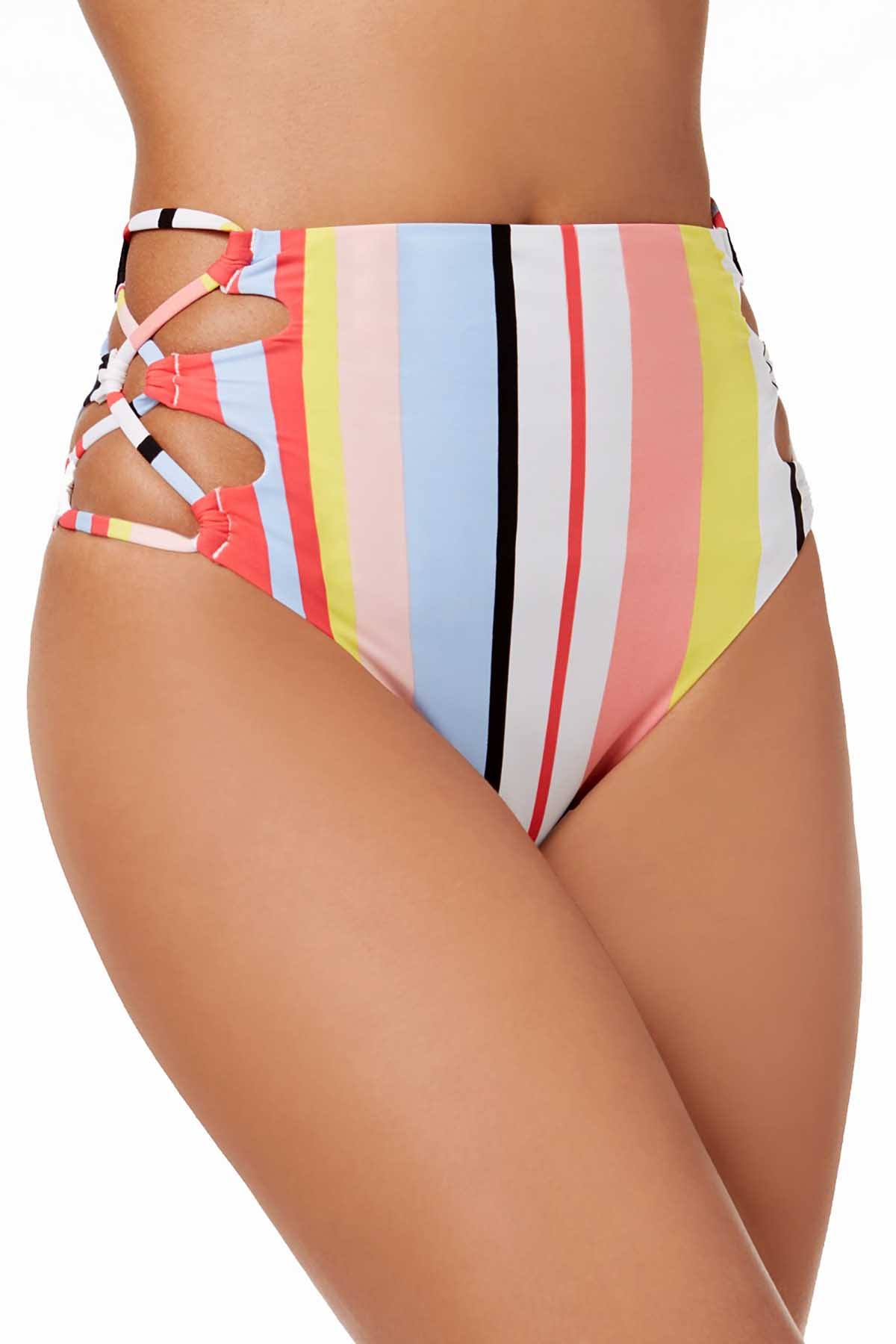 BAR III Bold Stripe Printed Lace-Up High-Waist Bikini Bottom