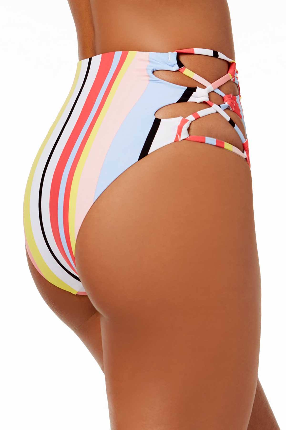 BAR III Bold Stripe Printed Lace-Up High-Waist Bikini Bottom