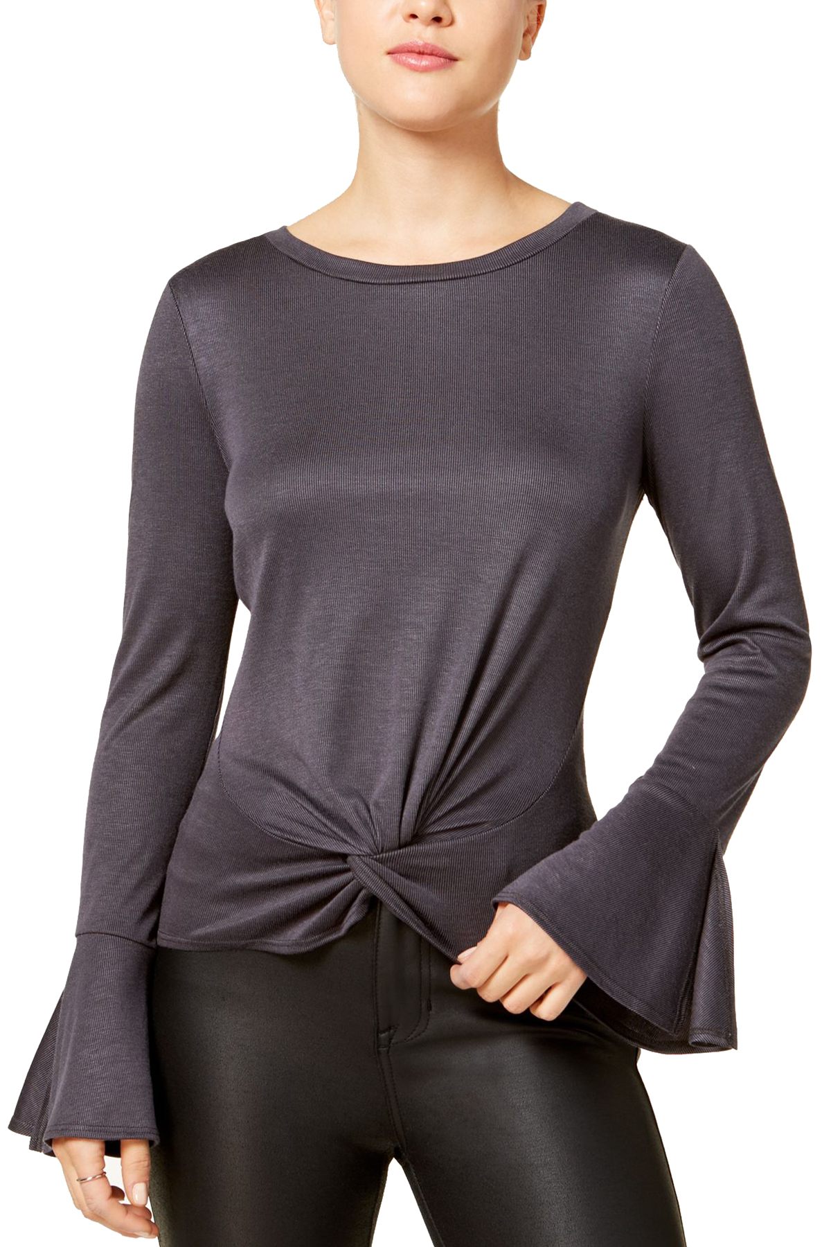BCX Charcoal Bell-Sleeve Front-Knot Juniors Top