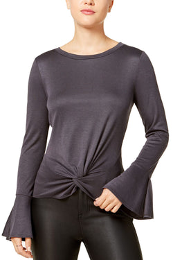 BCX Charcoal Bell-Sleeve Front-Knot Juniors Top thumbnail 1