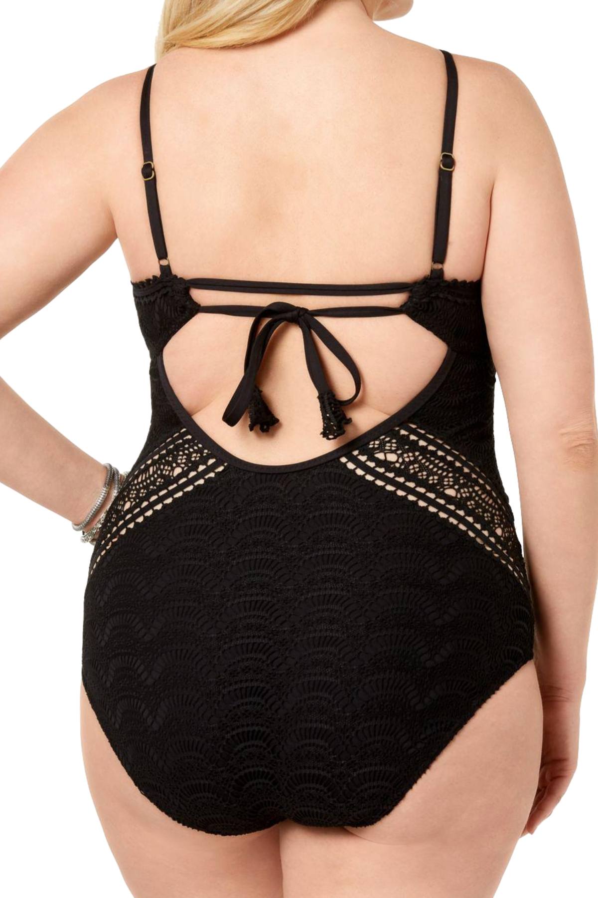BECCA Etc. PLUS Black Crochet High-Neck Illusion One-Piece Swimsuit