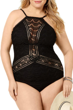 BECCA Etc. PLUS Black Crochet High-Neck Illusion One-Piece Swimsuit thumbnail 1