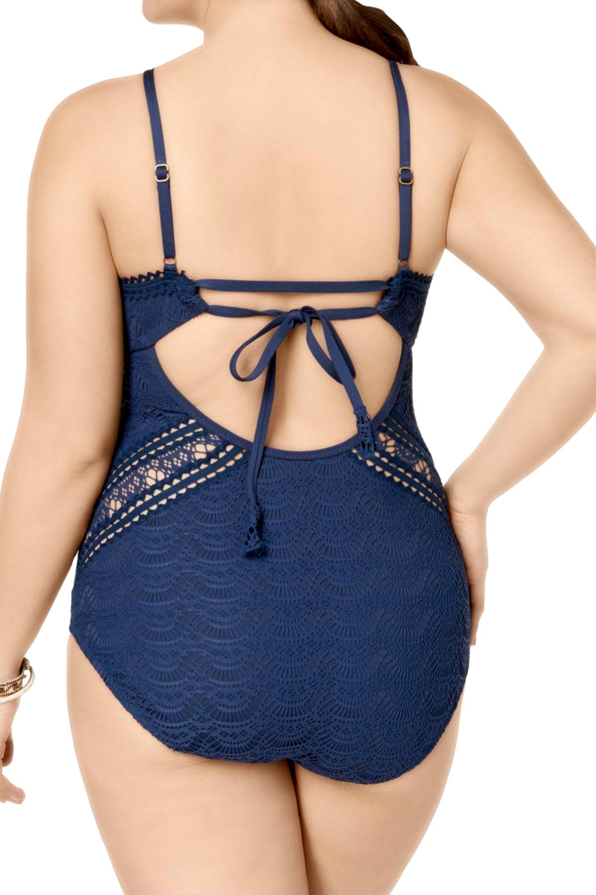 BECCA Etc. PLUS Indigo Crochet High-Neck Illusion One-Piece Swimsuit