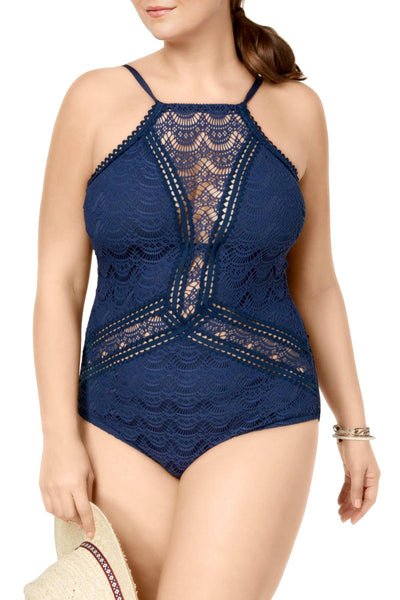 BECCA Etc. PLUS Indigo Crochet High-Neck Illusion One-Piece Swimsuit