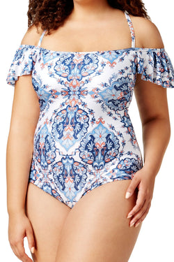 BECCA Etc. PLUS White/Multi Naples Off-Shoulder One-Piece Swimsuit thumbnail 1