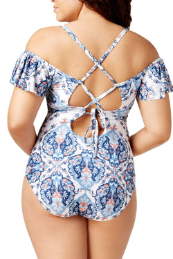 BECCA Etc. PLUS White/Multi Naples Off-Shoulder One-Piece Swimsuit thumbnail 2