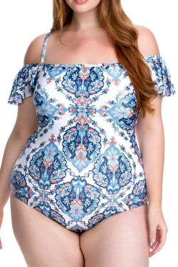 BECCA Etc. PLUS White/Multi Naples Off-Shoulder One-Piece Swimsuit thumbnail 4