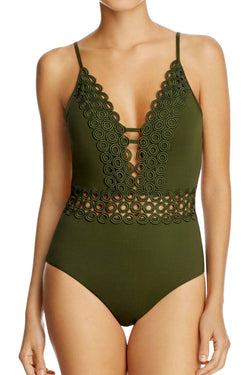 BECCA by Rebecca Virtue Bayleaf-Green Siren Plunging One-Piece Swimsuit thumbnail 3