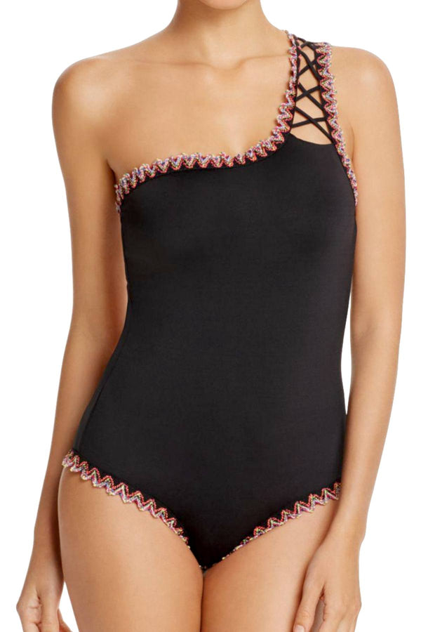 BECCA by Rebecca Virtue Black Mardi-Gras One-Shoulder Embroidered One-Piece Swimsuit