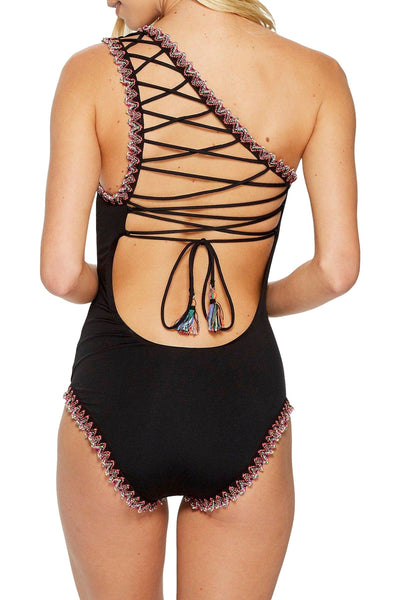 BECCA by Rebecca Virtue Black Mardi-Gras One-Shoulder Embroidered One-Piece Swimsuit