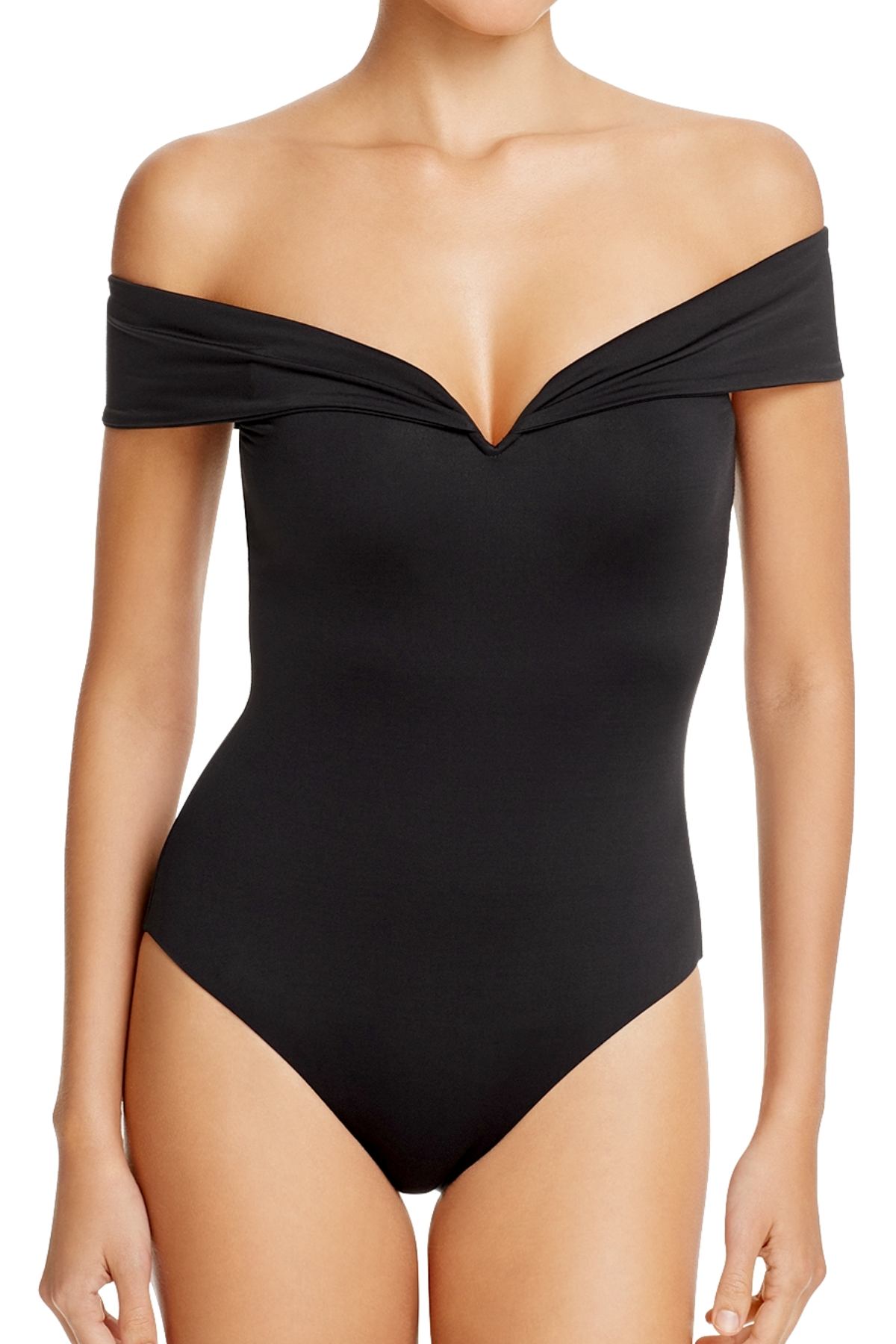 BECCA by Rebecca Virtue Black Socialite Off-Shoulder Bow-Back One-Piece Swimsuit