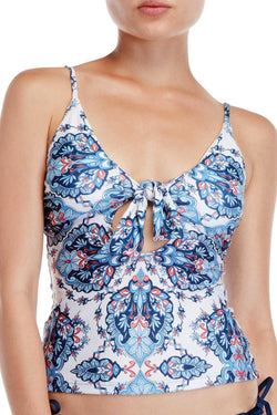 BECCA by Rebecca Virtue Naples Tie Front Tankini Top in Blue/White thumbnail 2
