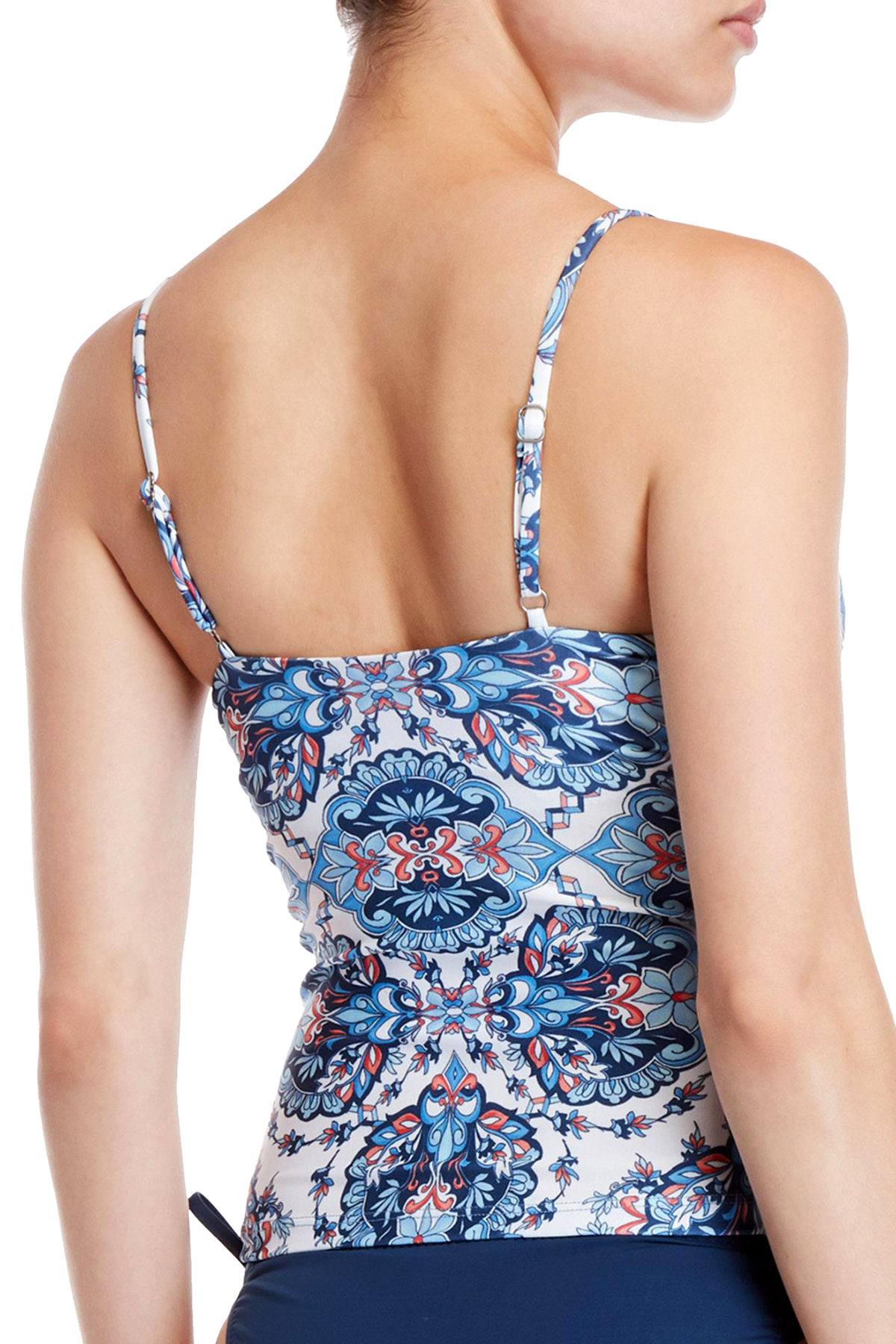 BECCA by Rebecca Virtue Naples Tie Front Tankini Top in Blue/White