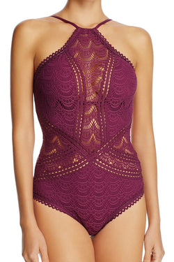 BECCA by Rebecca Virtue Raisin Crochet High-Neck Illusion One-Piece Swimsuit thumbnail 2